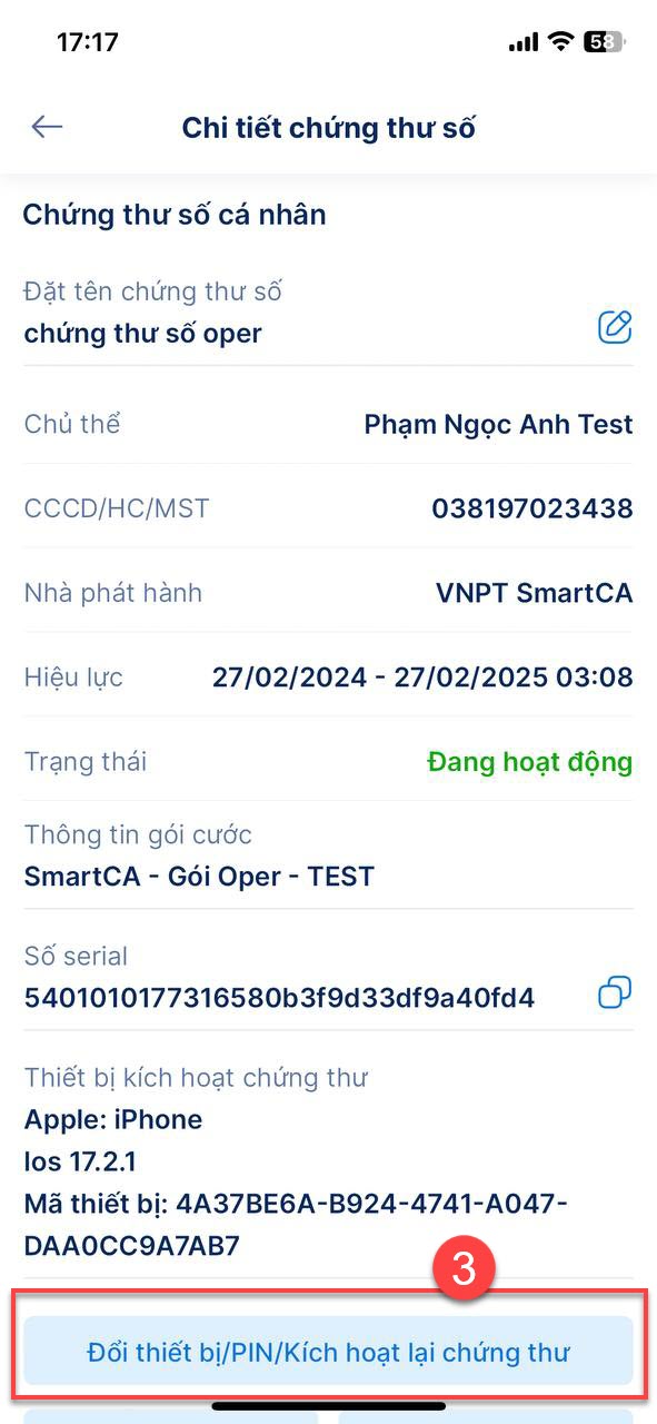 Hướng dẫn đổi thiết bị, đổi PIN, kích hoạt lại chứng thư số VNPT SmartCA - ảnh thao tác 4