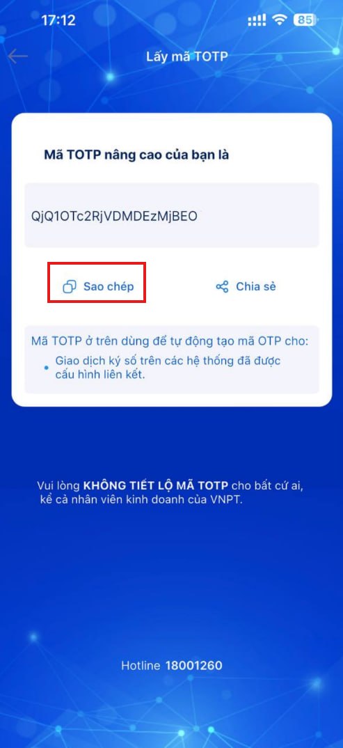 Hướng dẫn lấy TOTP của chứng thư số tích hợp (eSeal) để thực hiện cấu hình trên ứng dụng ký VNPT SmartCA - ảnh thao tác 3