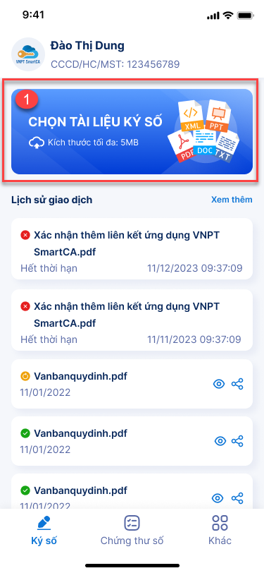 Hướng dẫn tạo giao dịch ký số VNPT SmartCA - ảnh thao tác 1