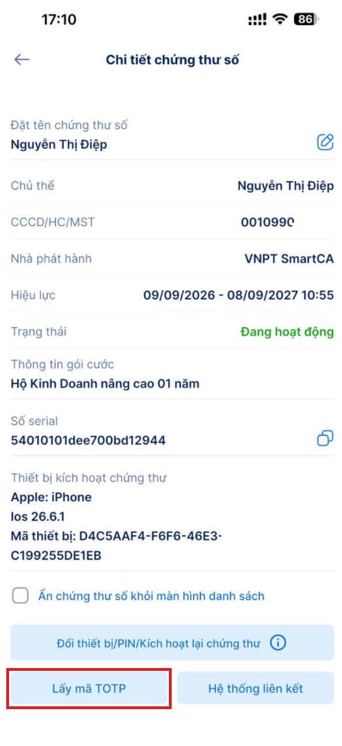 Hướng dẫn lấy TOTP của chứng thư số tích hợp (eSeal) để thực hiện cấu hình trên ứng dụng ký VNPT SmartCA - ảnh thao tác 2
