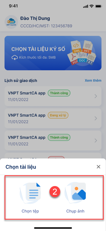 Hướng dẫn tạo giao dịch ký số VNPT SmartCA - ảnh thao tác 2